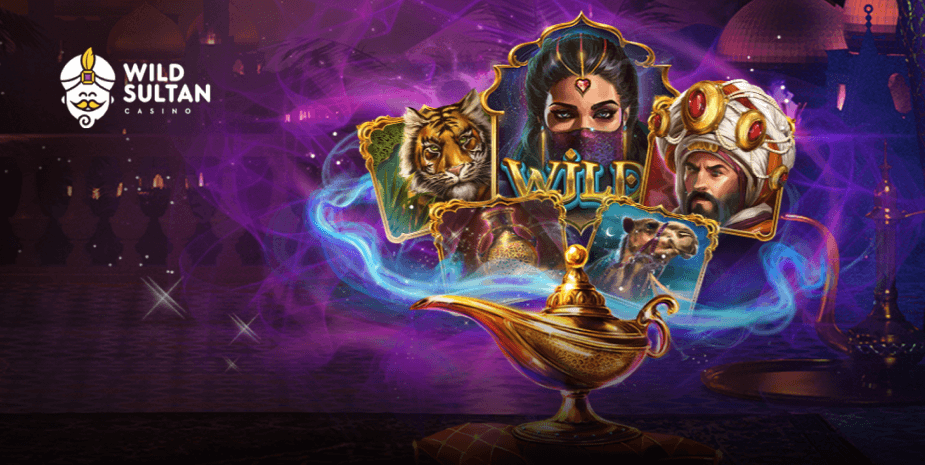 Bannière publicitaire du casino Wild Sultan montrant des symboles de jeux et des promotions